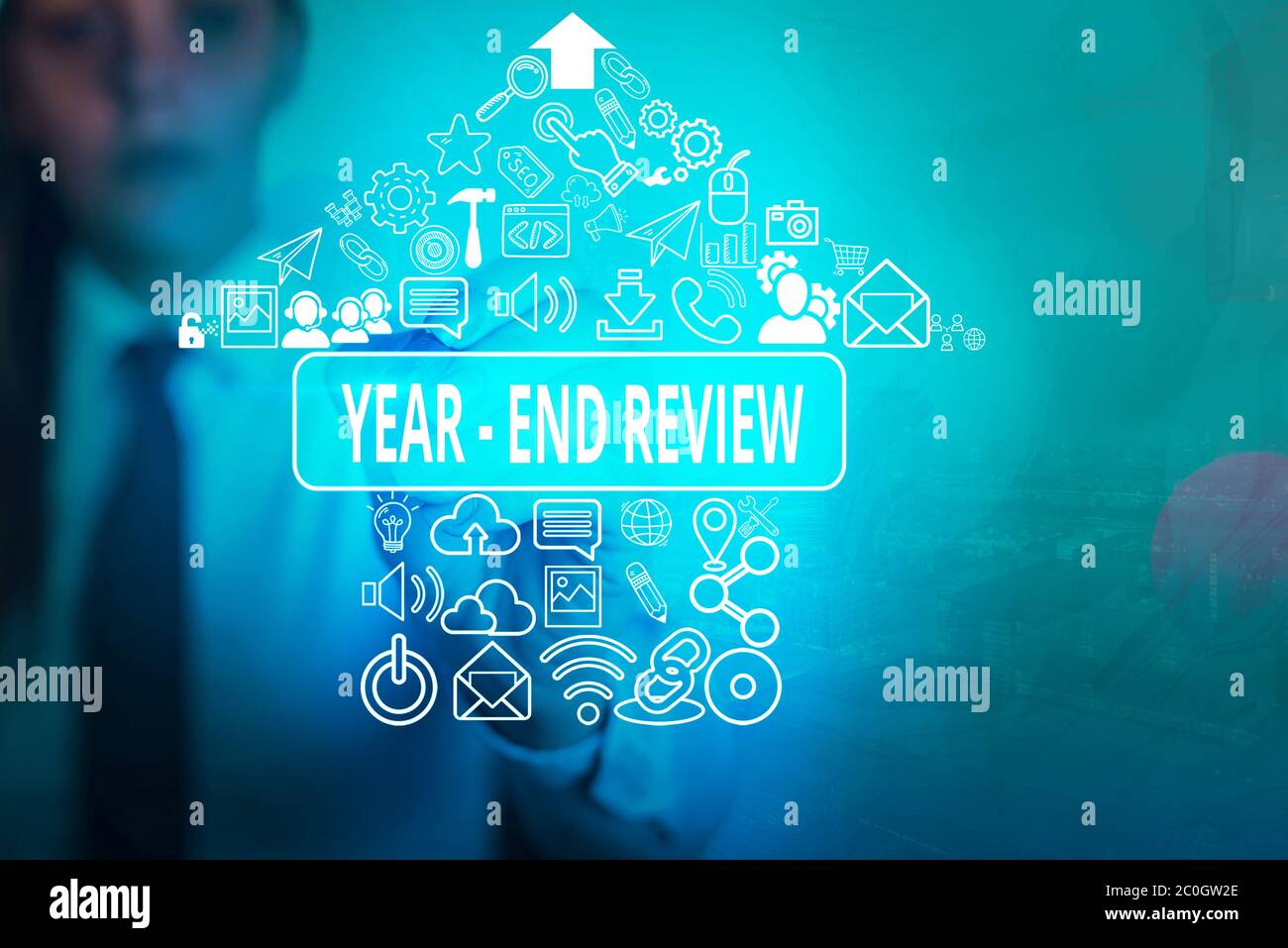 Writing note showing Year end Review. Business concept for annual