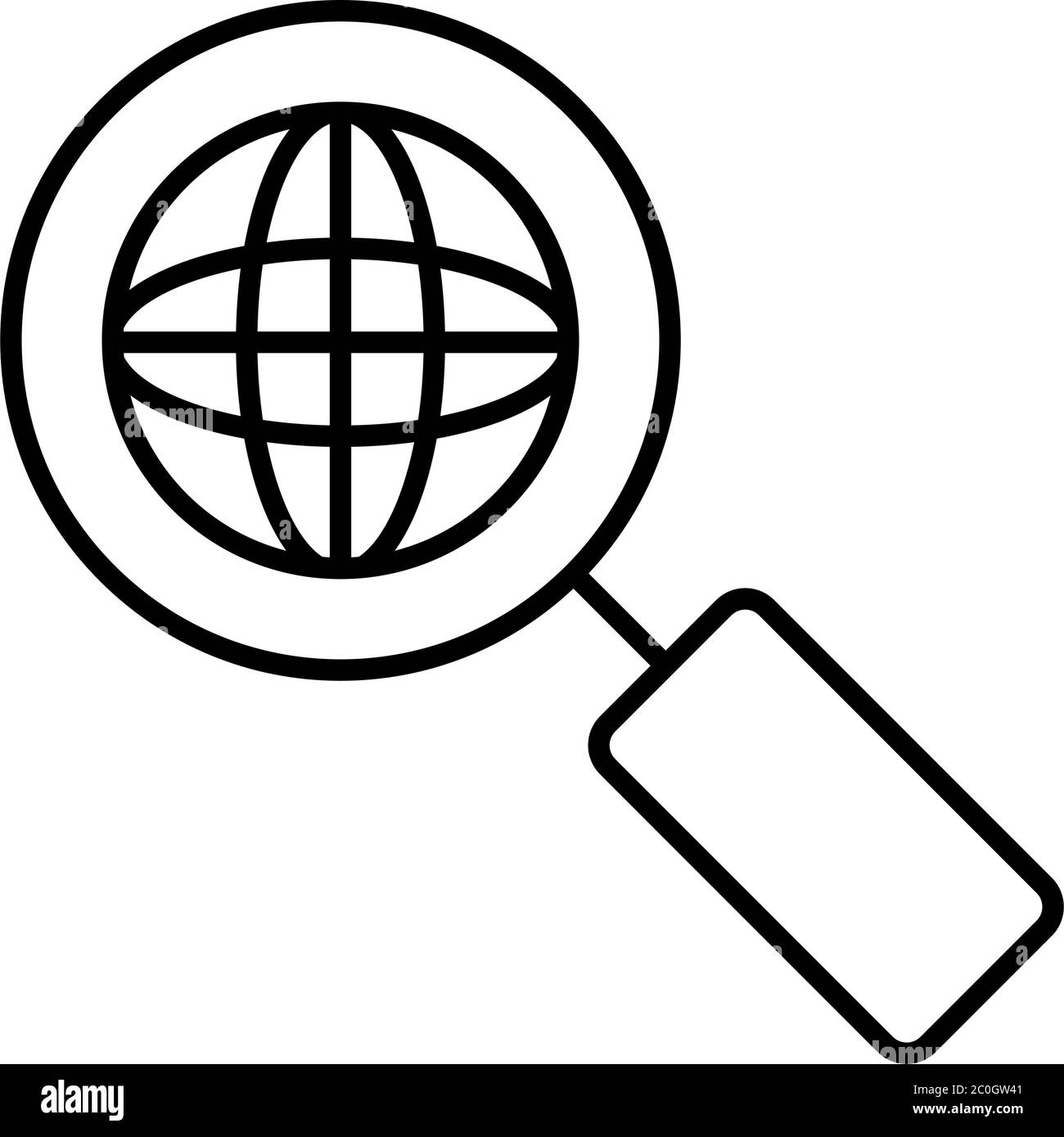 magnifying glass with global sphere icon over white background, line ...