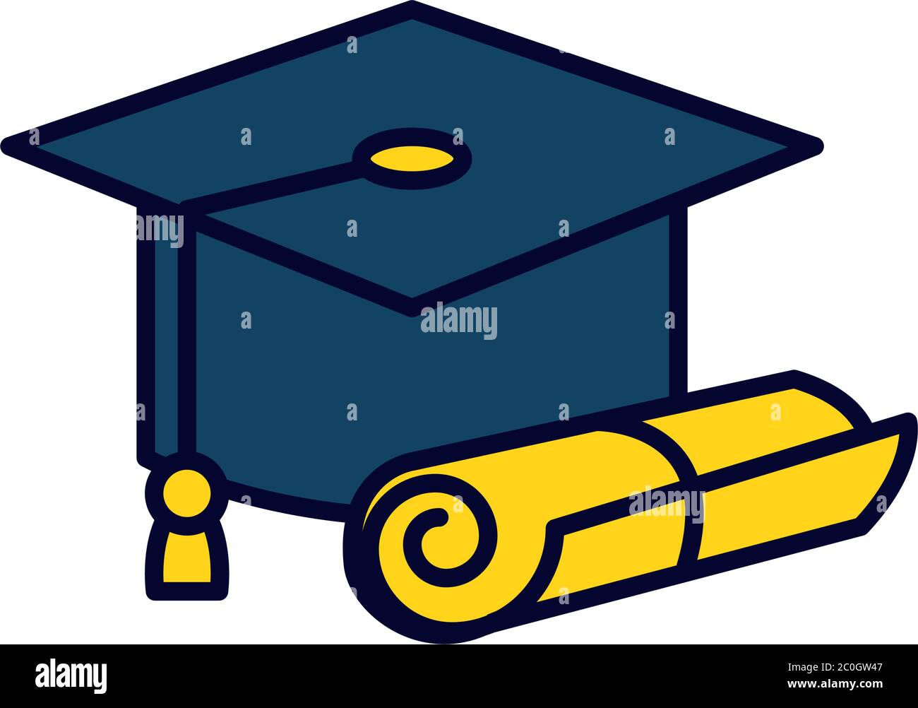 graduation cap and diploma icon over white background, line and fill ...