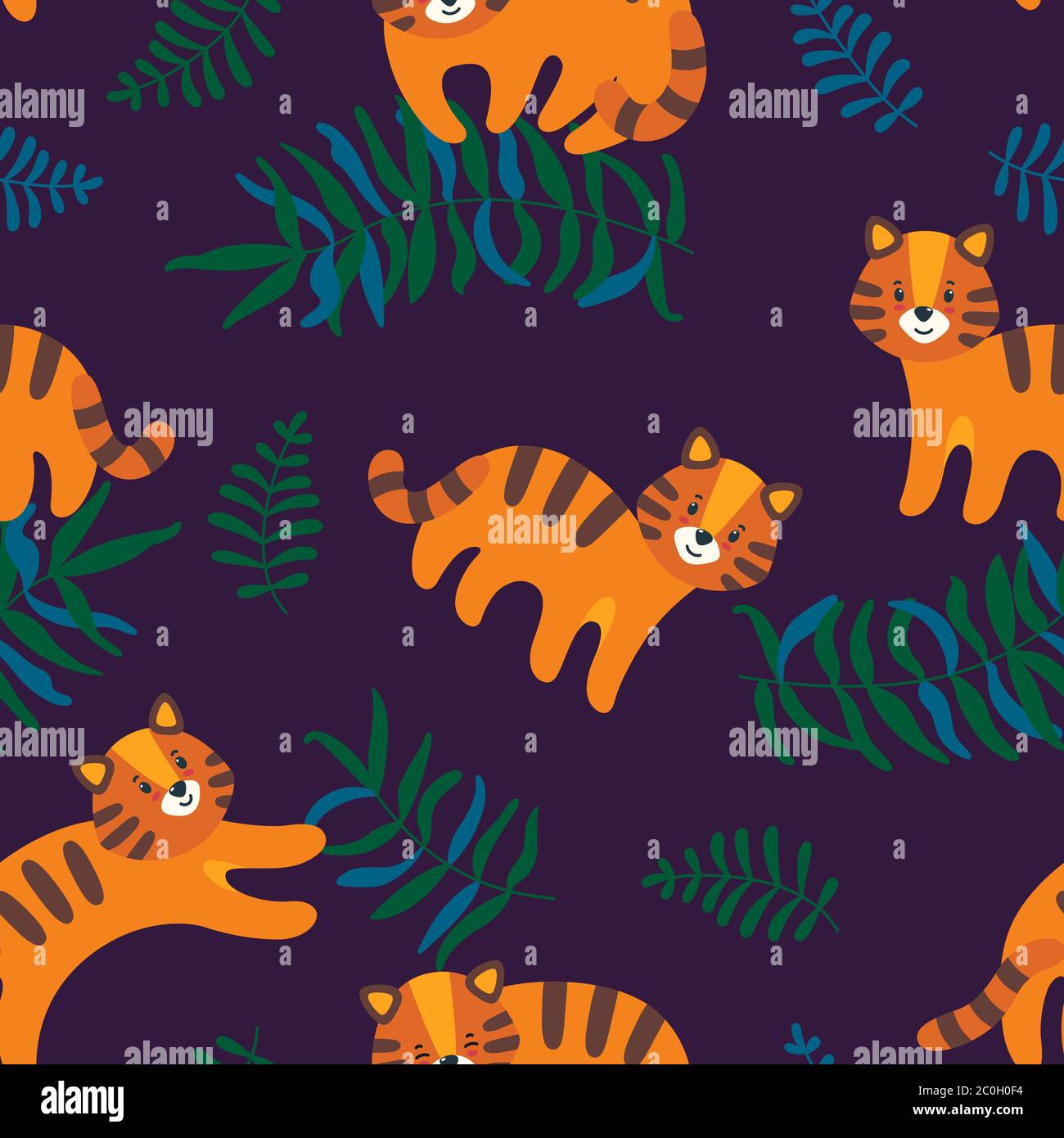 Jungle seamless pattern with cute tigers and leaves in dark violet ...