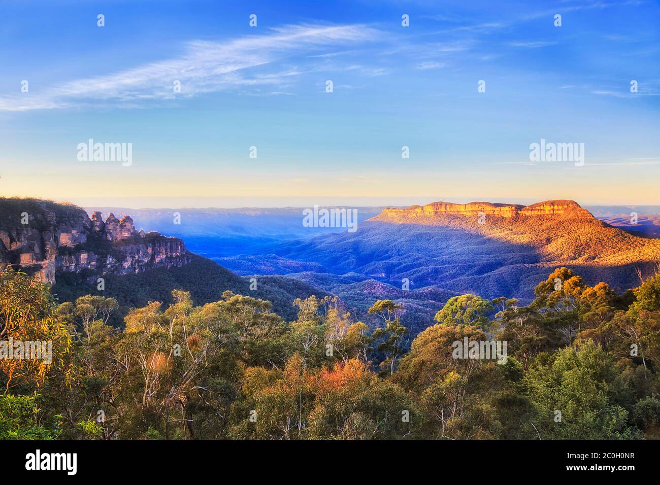 Deep canyon around Three Sisters rock formation in Australian BLue Mountains in soft morning light above tree tops. Stock Photo