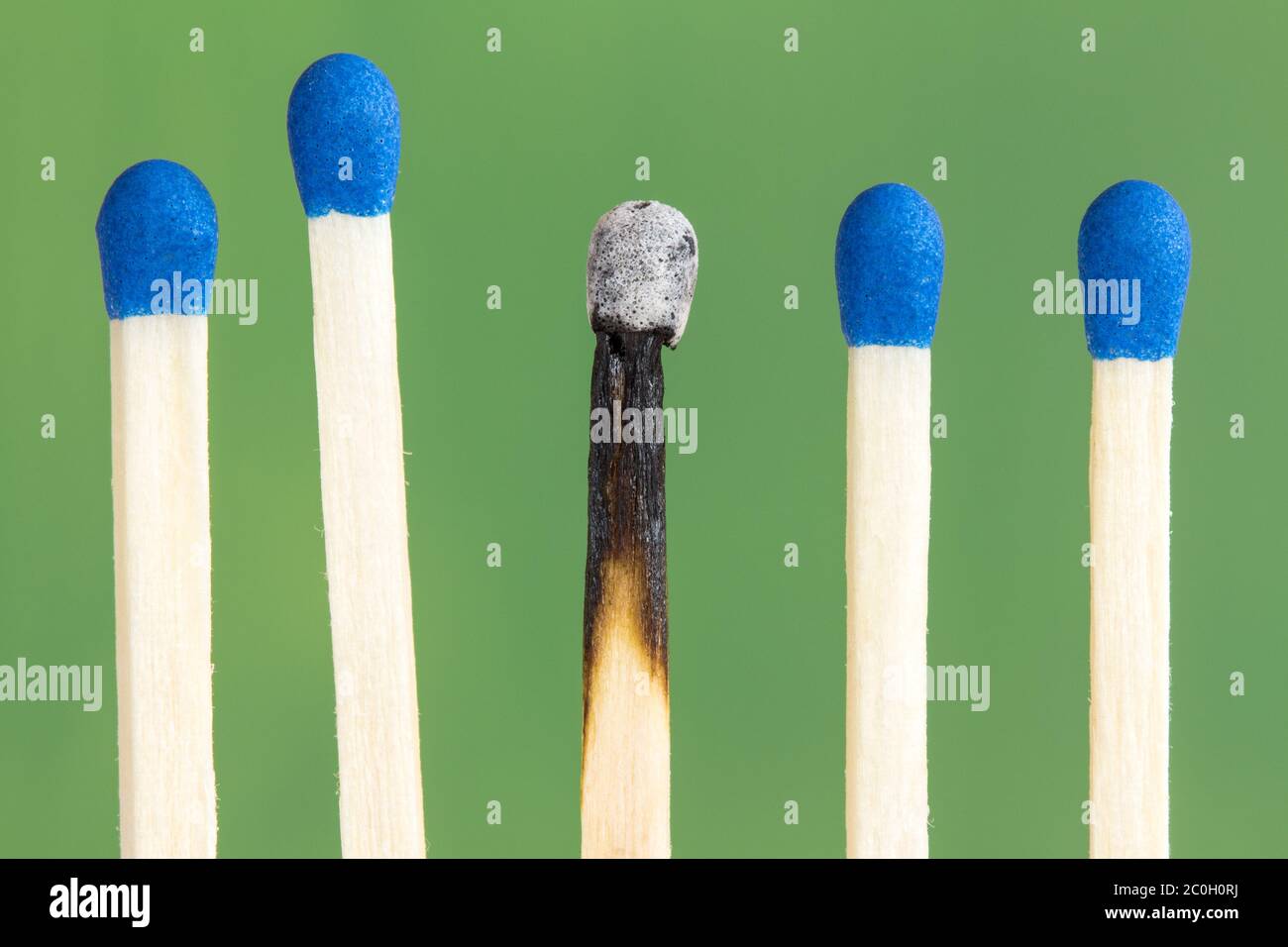 Row of match sticks on  green background Stock Photo