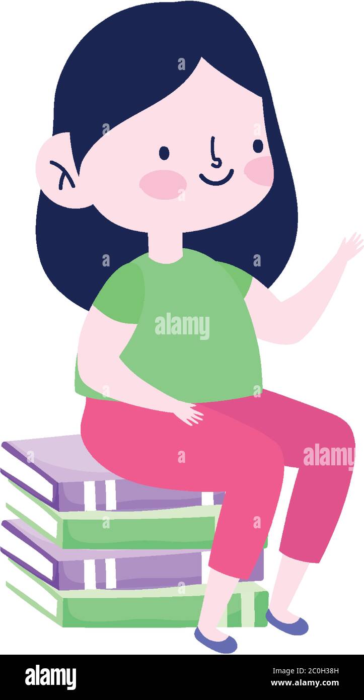 little student girl sitting on stack of books cartoon school isolated ...