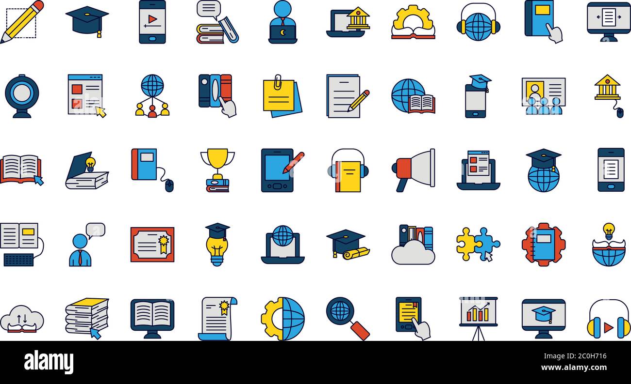 online education icon set over white background, line and fill style ...