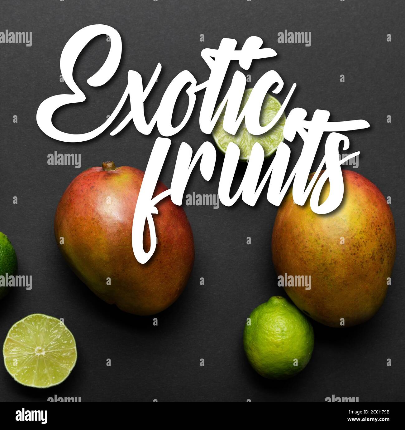 top view of ripe limes and mango on black background with exotic fruits