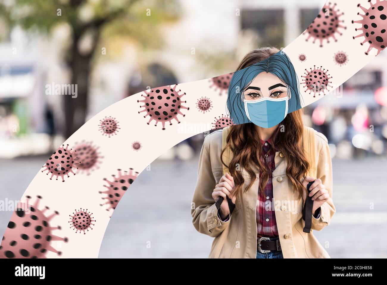girl with illustrated face in mask and backpack in city with bacteria ...