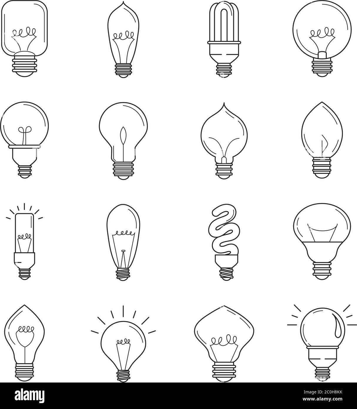 electric light bulb, eco idea metaphor, isolated line style icons set vector illustration Stock Vector