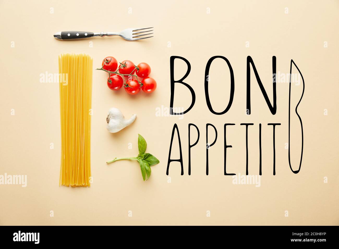 flat lay with delicious spaghetti with tomato sauce ingredients on