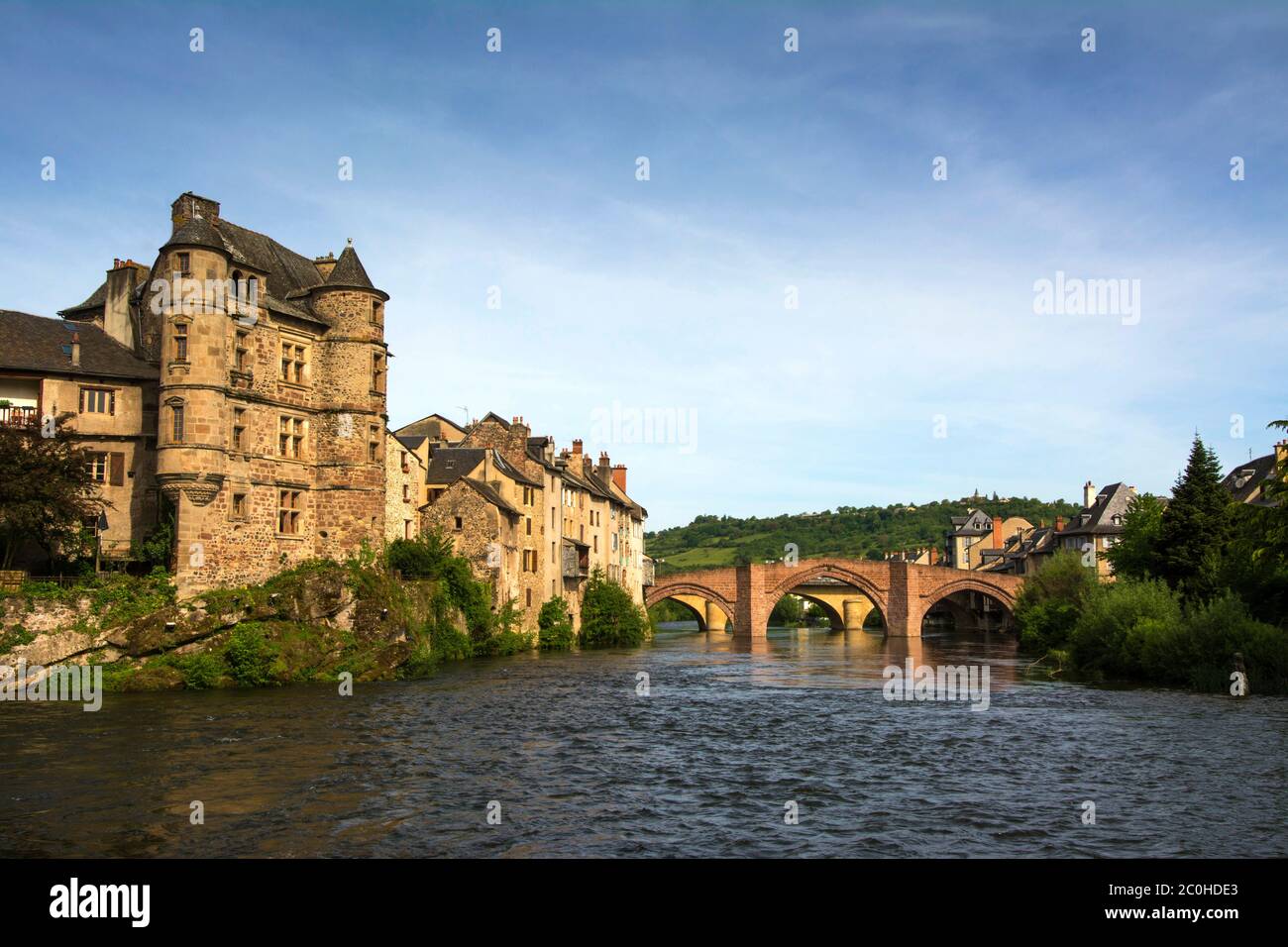 Espalion castle and old bridge on river lot, Aveyron department, Occitanie, France Stock Photo