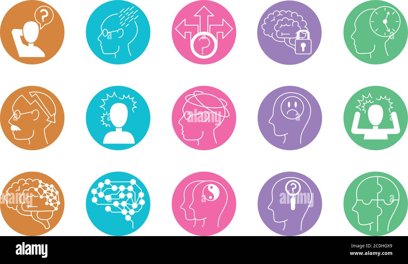 alzheimer disease, decrease in mental human ability icons set vector illustration line style Stock Vector