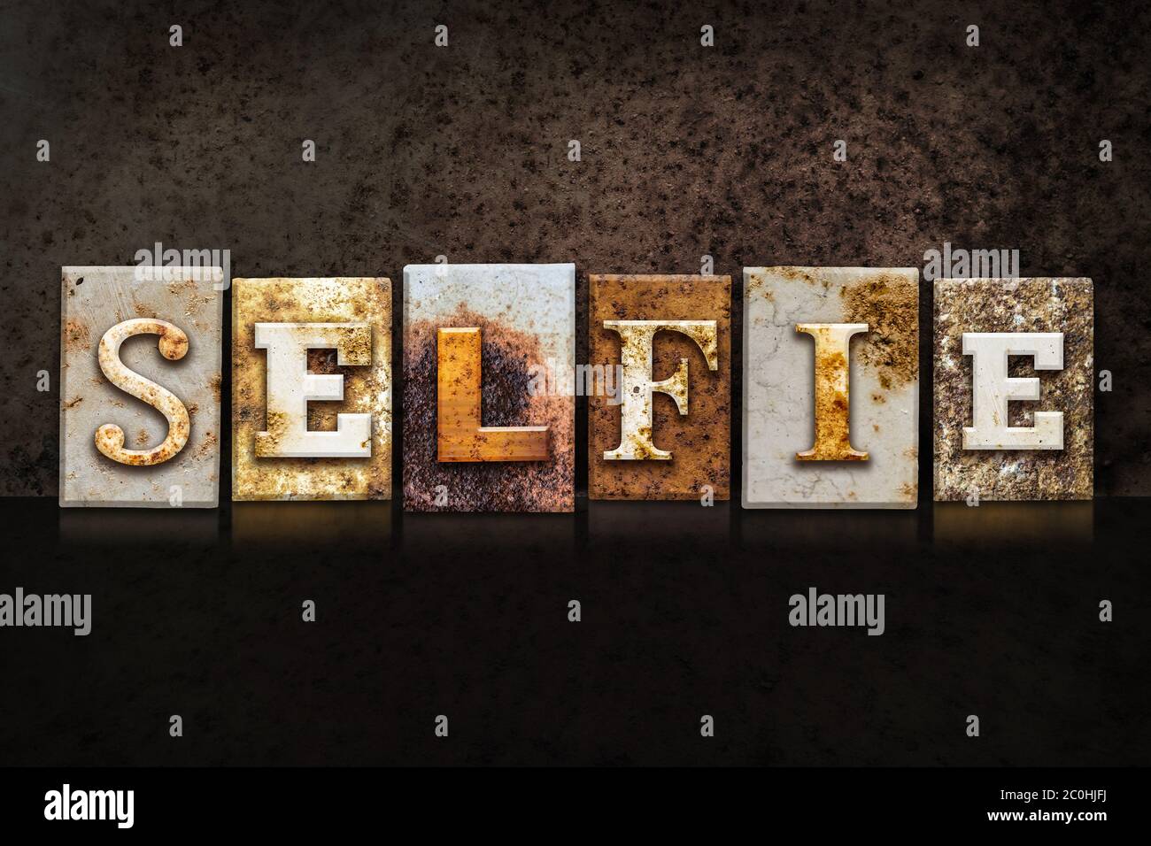 Selfie Letterpress Concept on Dark Background Stock Photo