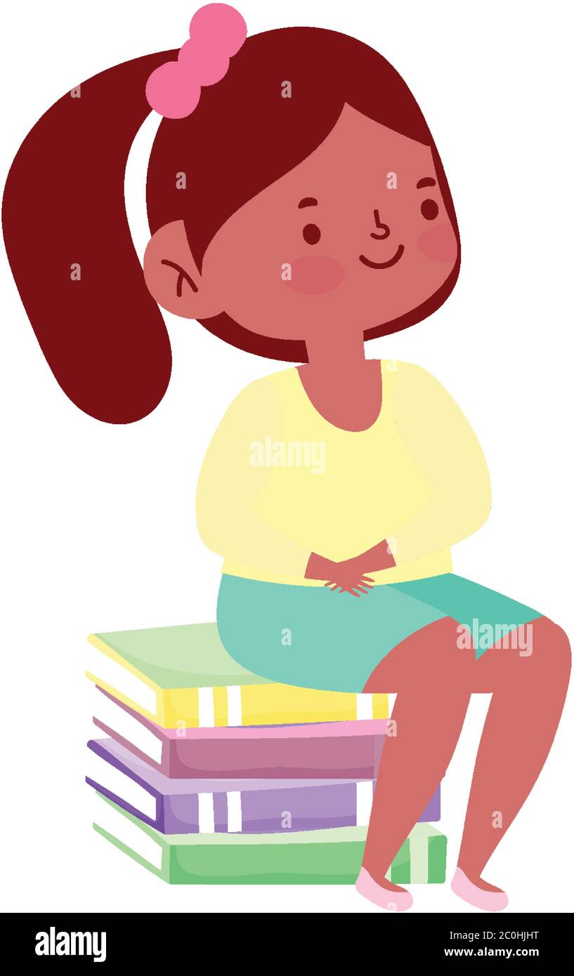 little student girl sitting on stack of books cartoon school isolated ...