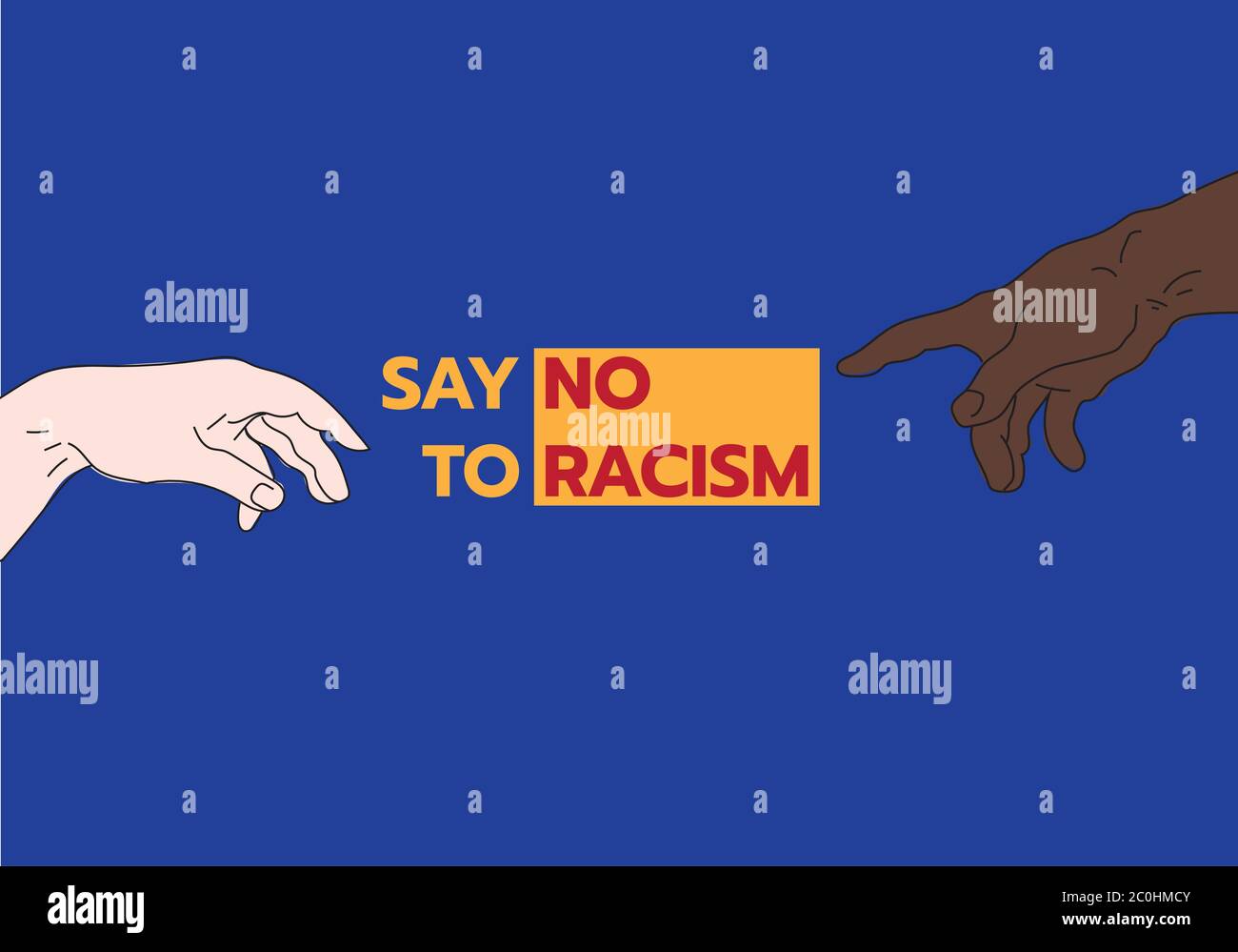Racism vector concept. Coloured african American hand and white hand pointing at words - Say No to Racism Stock Vector