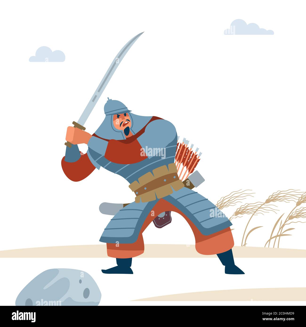 Portrait of dangerous, nomad mongol man in steppe holding sword attacking. Central Asian warrior, attack in battle. Isolated vector illustration in Stock Vector