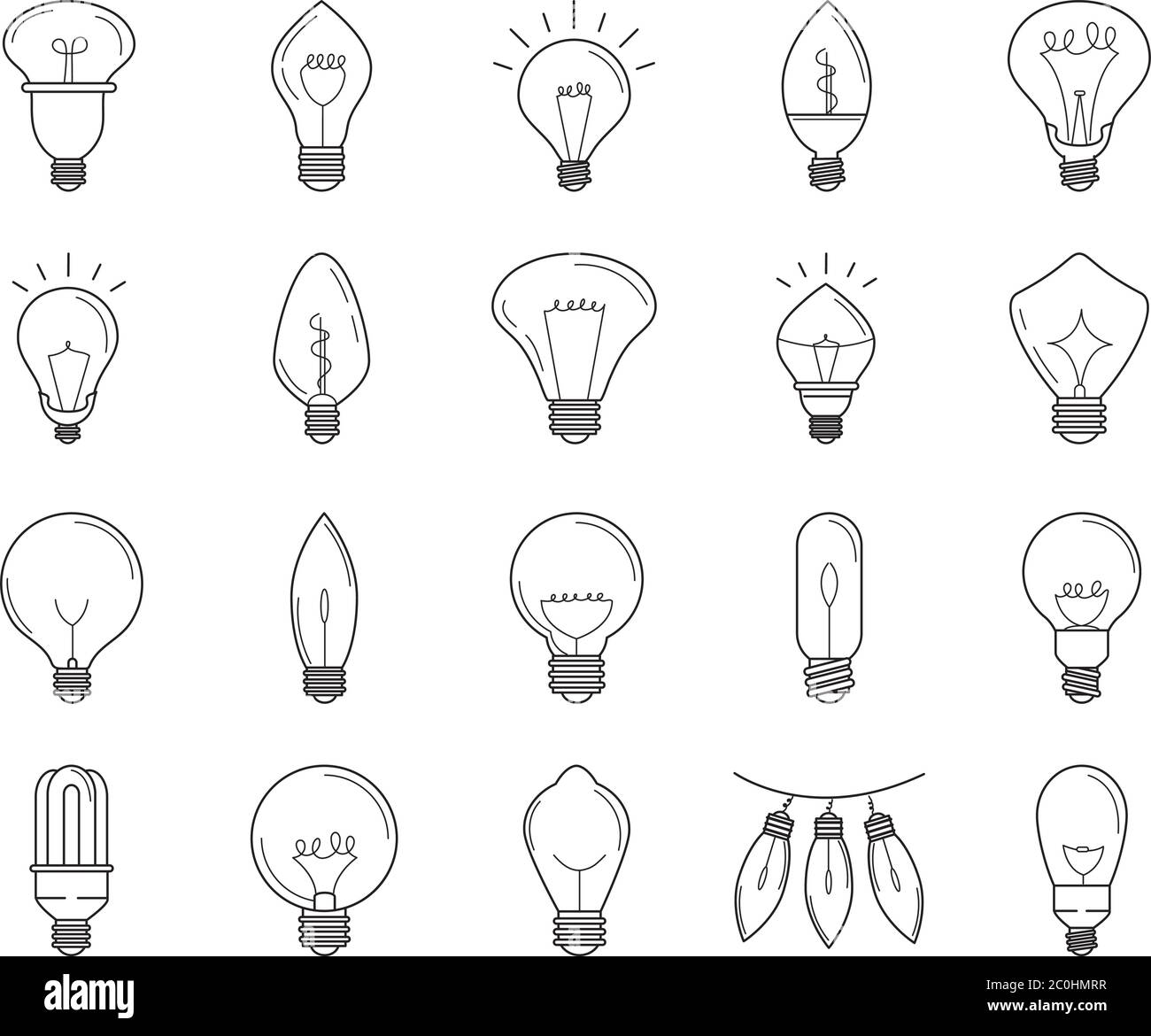 electric light bulb, eco idea metaphor, isolated line style icons set vector illustration Stock Vector