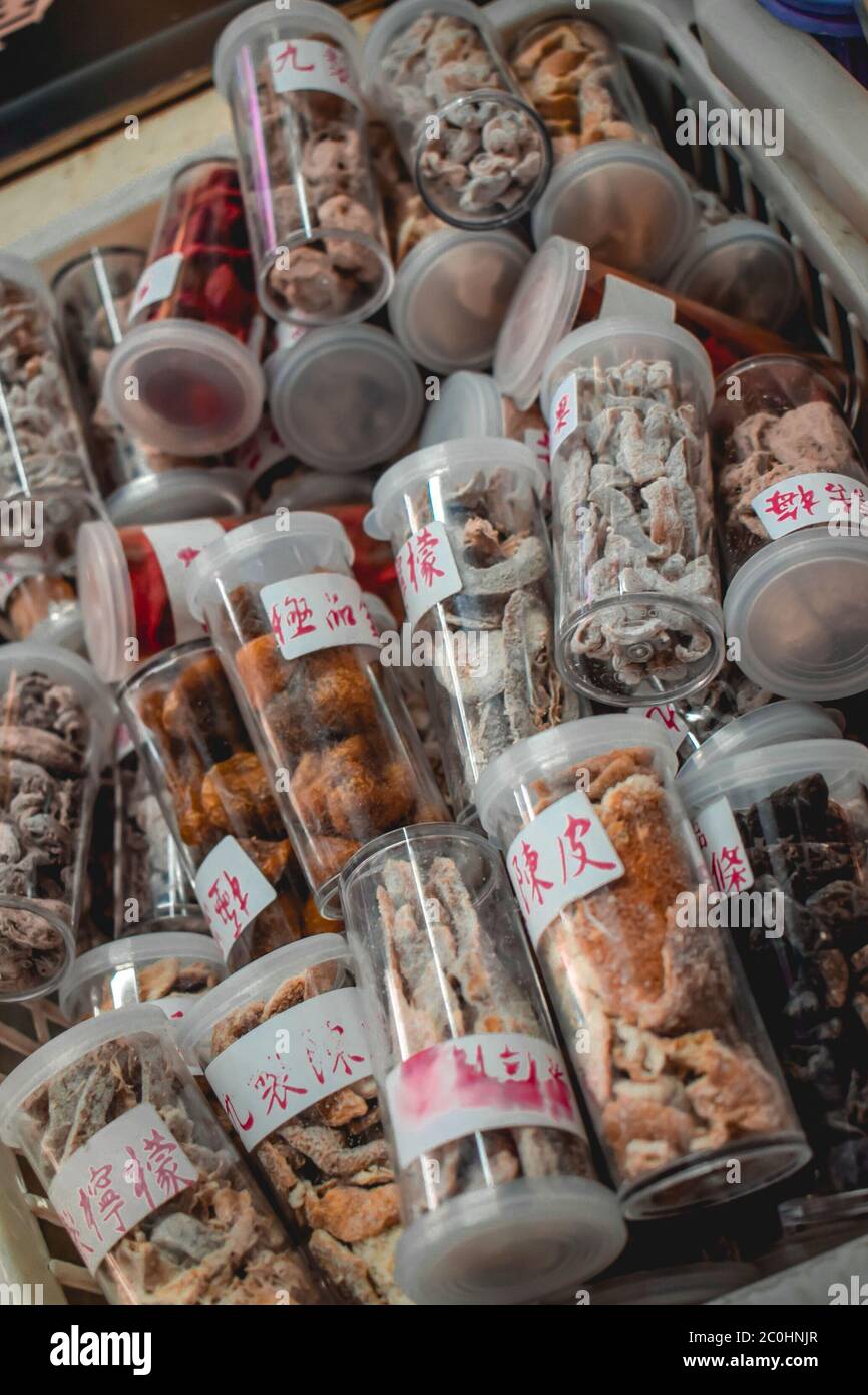 Dried Chinese mushrooms and herbs used for traditional medicine sold at