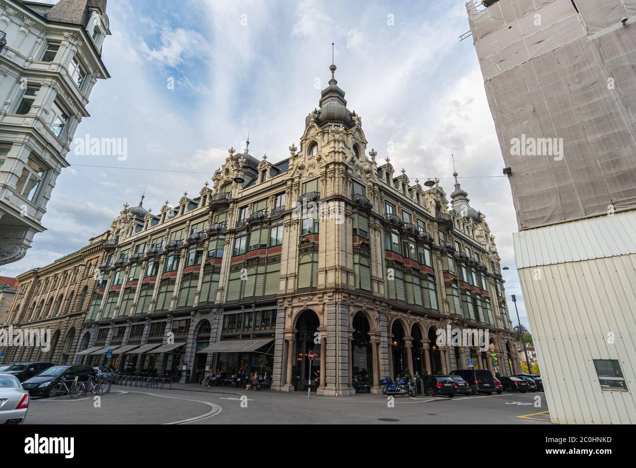 Zurich, Switzerland - October 6, 2018: Impressive view of the Metropolitan, a restaurant for upscale Japanese cuisine. Blue sky with dramatic clouds. Stock Photo