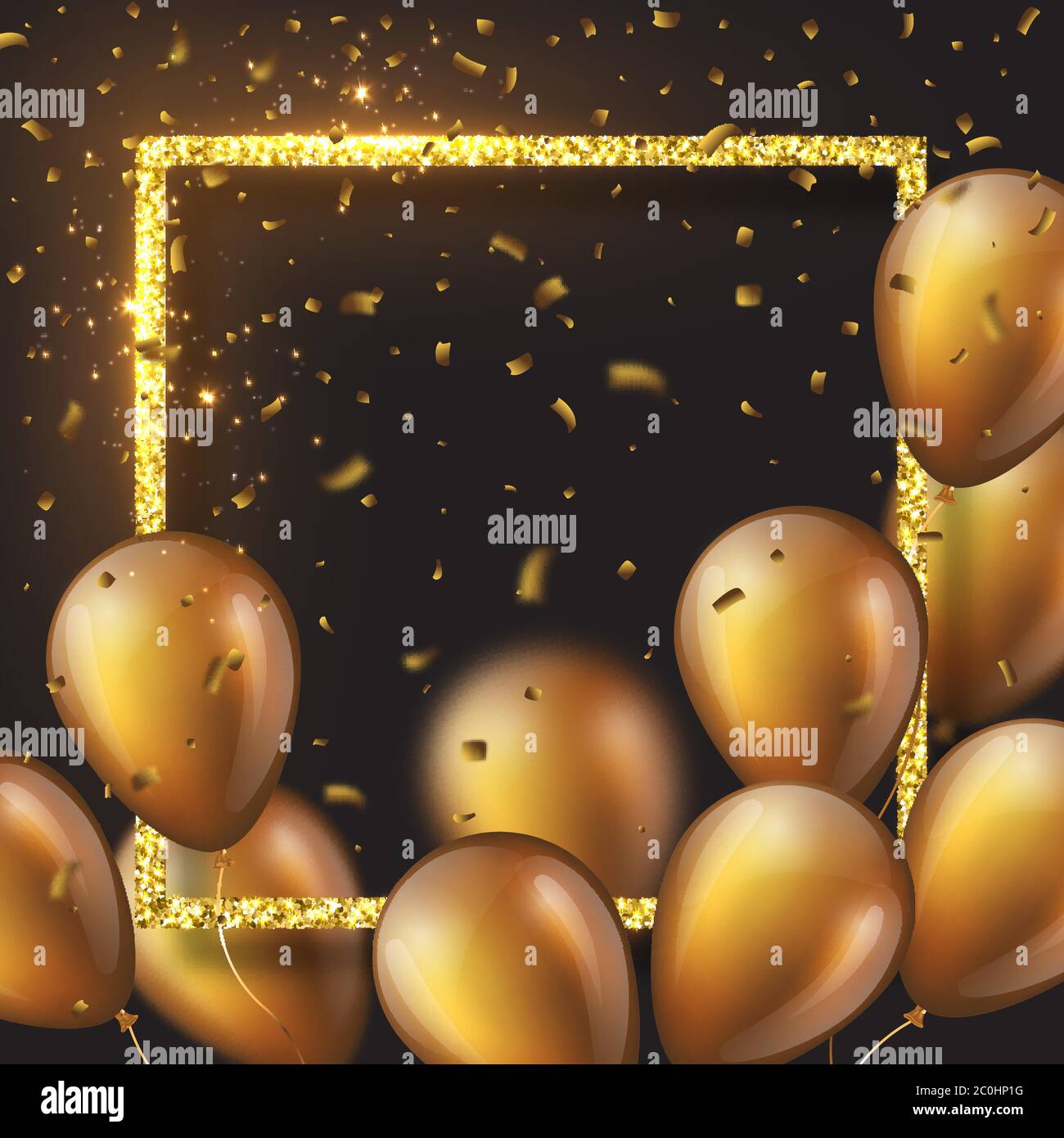 3D glossy golden balloons with frame and confetti Stock Vector Image ...