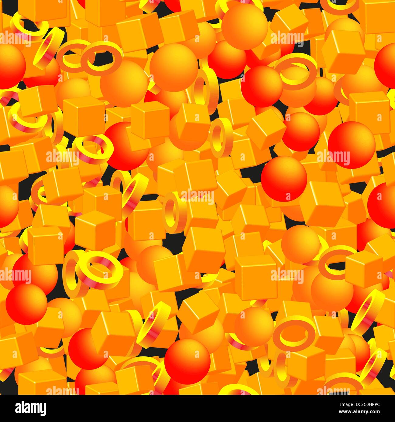 Golden Rings Balls Cubes Seamless Pattern on Black Stock Vector