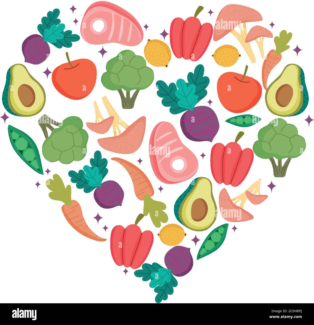 vegetables and fruits fresh shaped heart fresh nutrition healthy food isolated icon design vector illustration Stock Vector