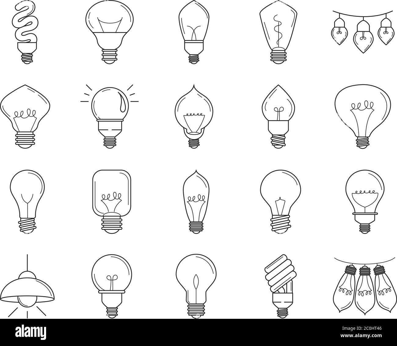 electric light bulb, eco idea metaphor, isolated line style icons set vector illustration Stock Vector