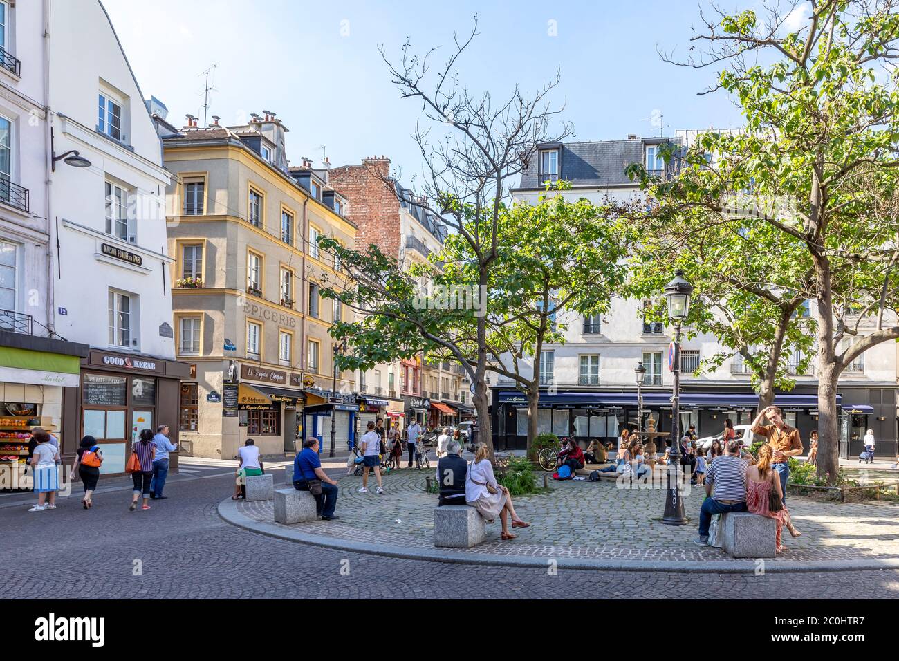 Paris, France - May 26, 2020: After lockdown due to covid-19, Parisians are allowed to go outside in Paris. Place de la contrescarpe, mouffetard Stock Photo