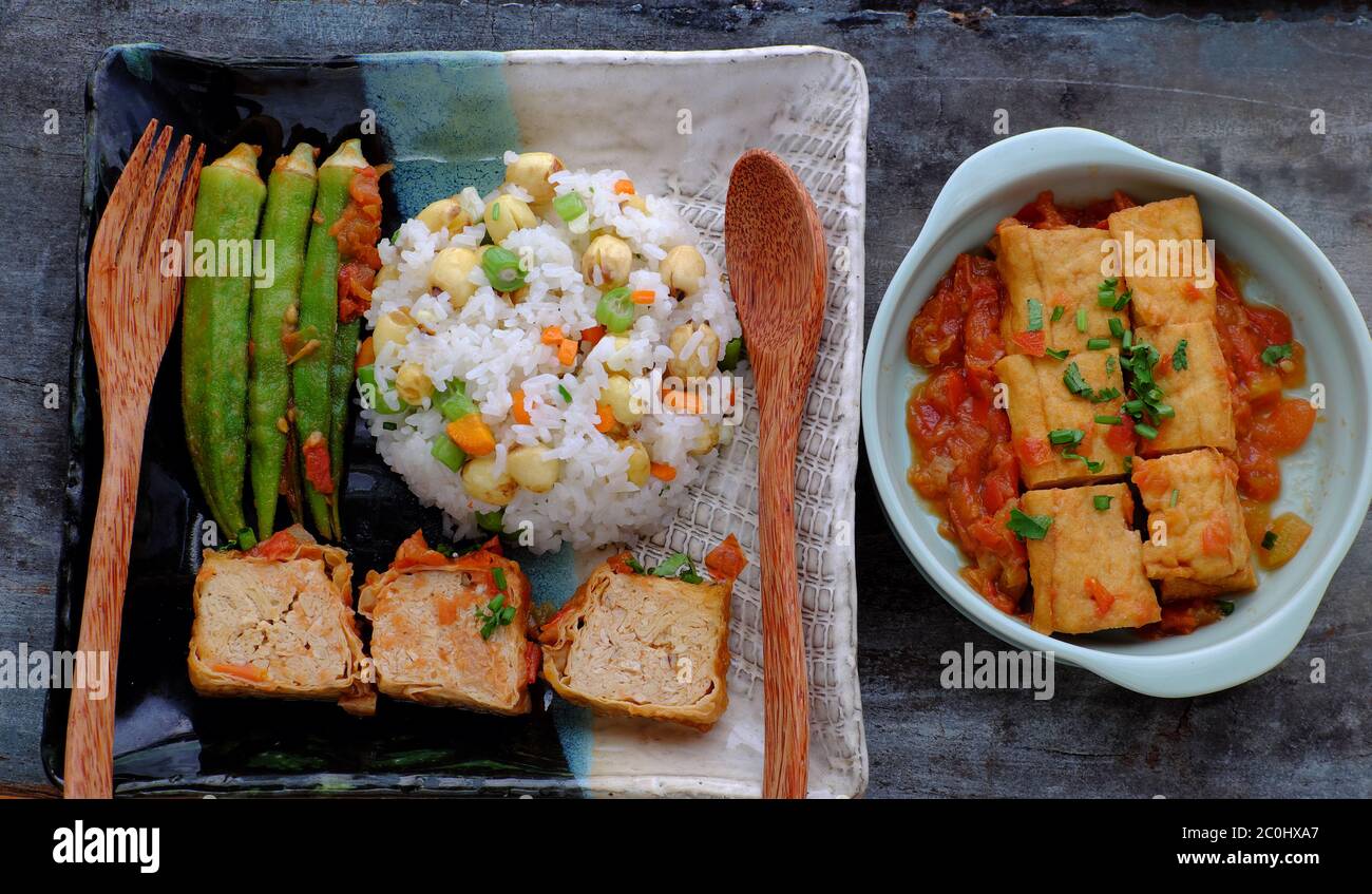 rice dish for lunch time, Vietnamese vegan food, fried rice and lotus ...