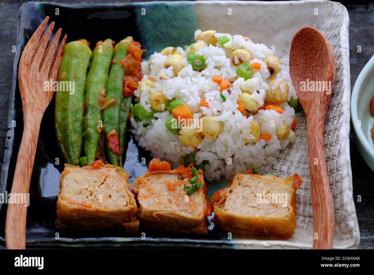rice dish for lunch time, Vietnamese vegan food, fried rice and lotus ...