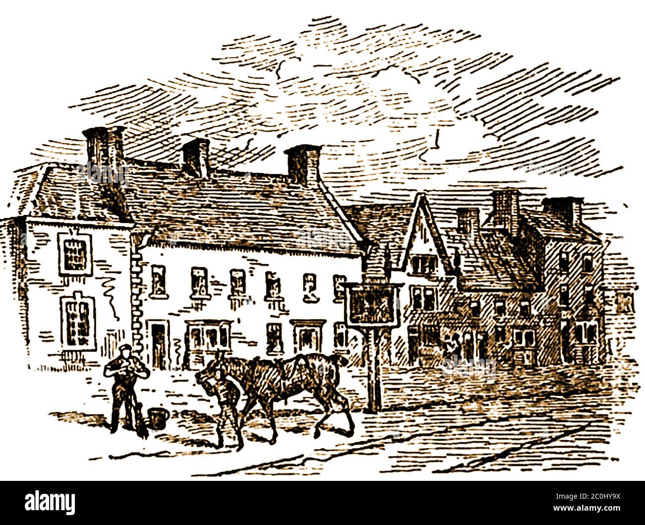 An old sketch of the Angel and Golden Lion Inns at Catterick, Yorkshire during the coaching era. two old coaching houses, both were still occupied as inns in 1889. Each Inn would keep   four pair of posters  but the head posting house was the George, and only one coach changed horses at each of the two inns at Catterick, the Telegraph stopping at the Angel, the Red Rover and its successors changed at the Golden Lion.  Mr. George Spedding, who was landlord of the Angel for around twenty-eight years,including  long after the coaching days were over. Stock Photo