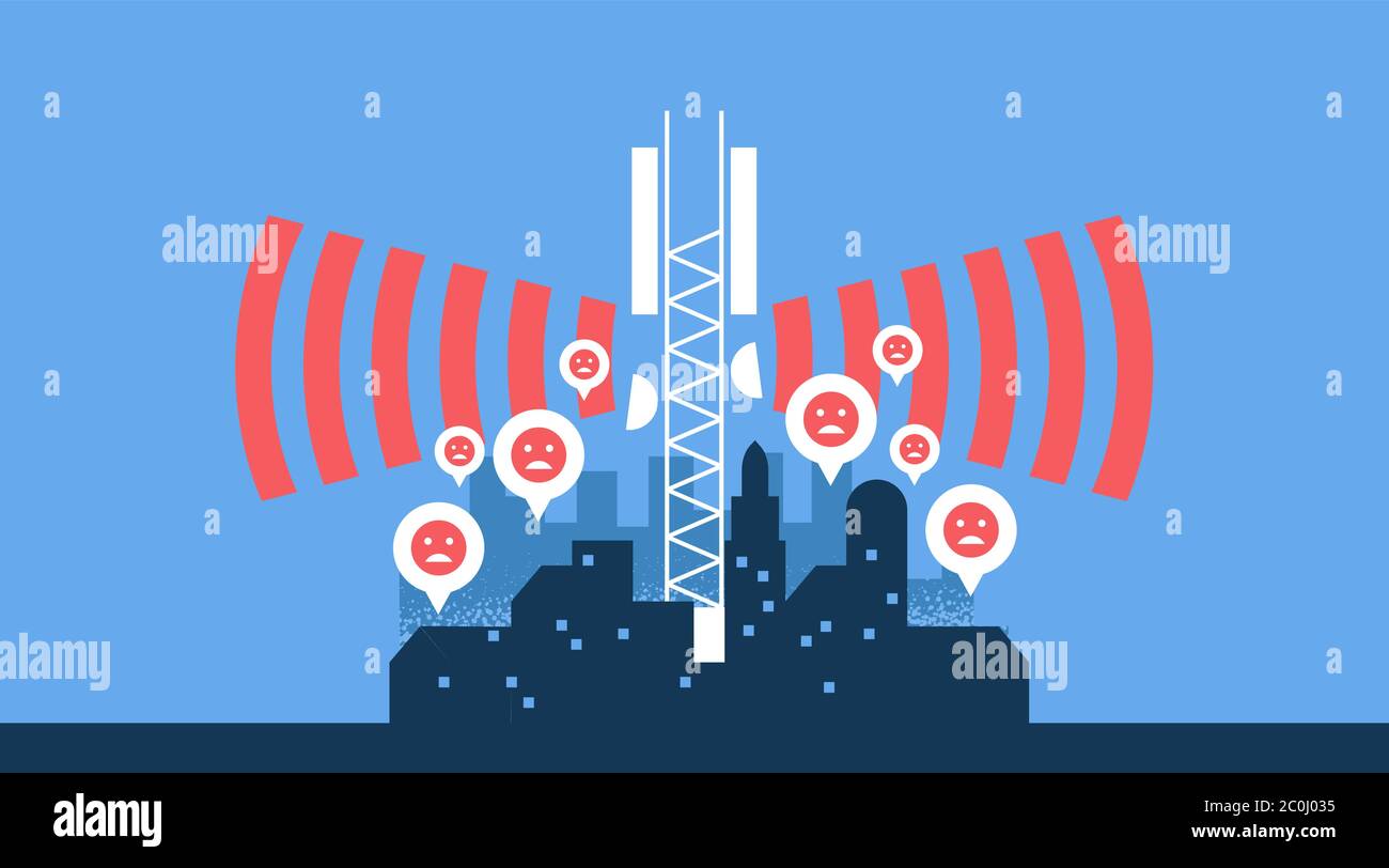 Negative impact of 5g cellular data tower waves on city with angry or sad people reaction. Harmful signal from new mobile technology, illustration con Stock Vector