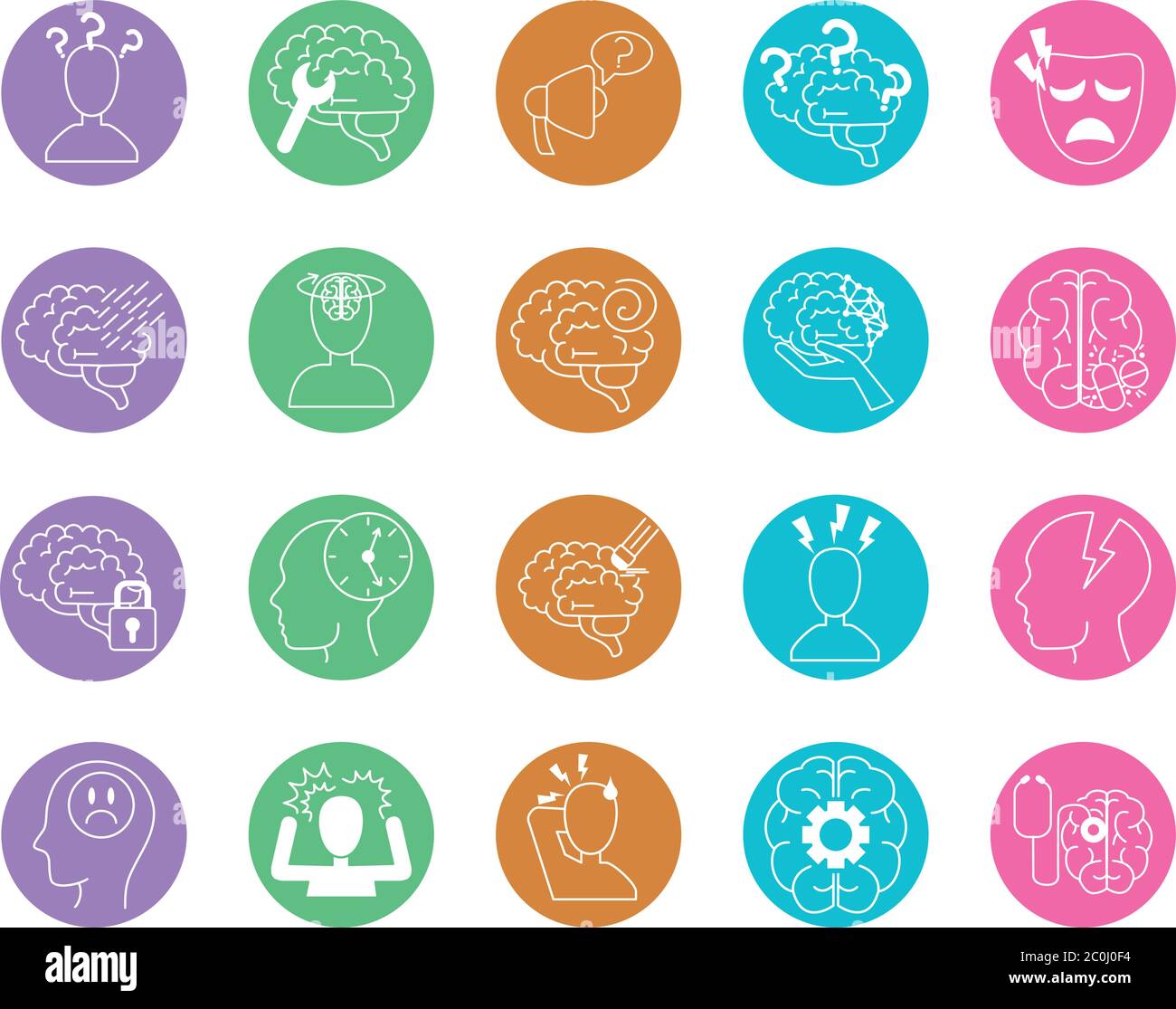alzheimer disease, decrease in mental human ability icons set vector illustration line style Stock Vector