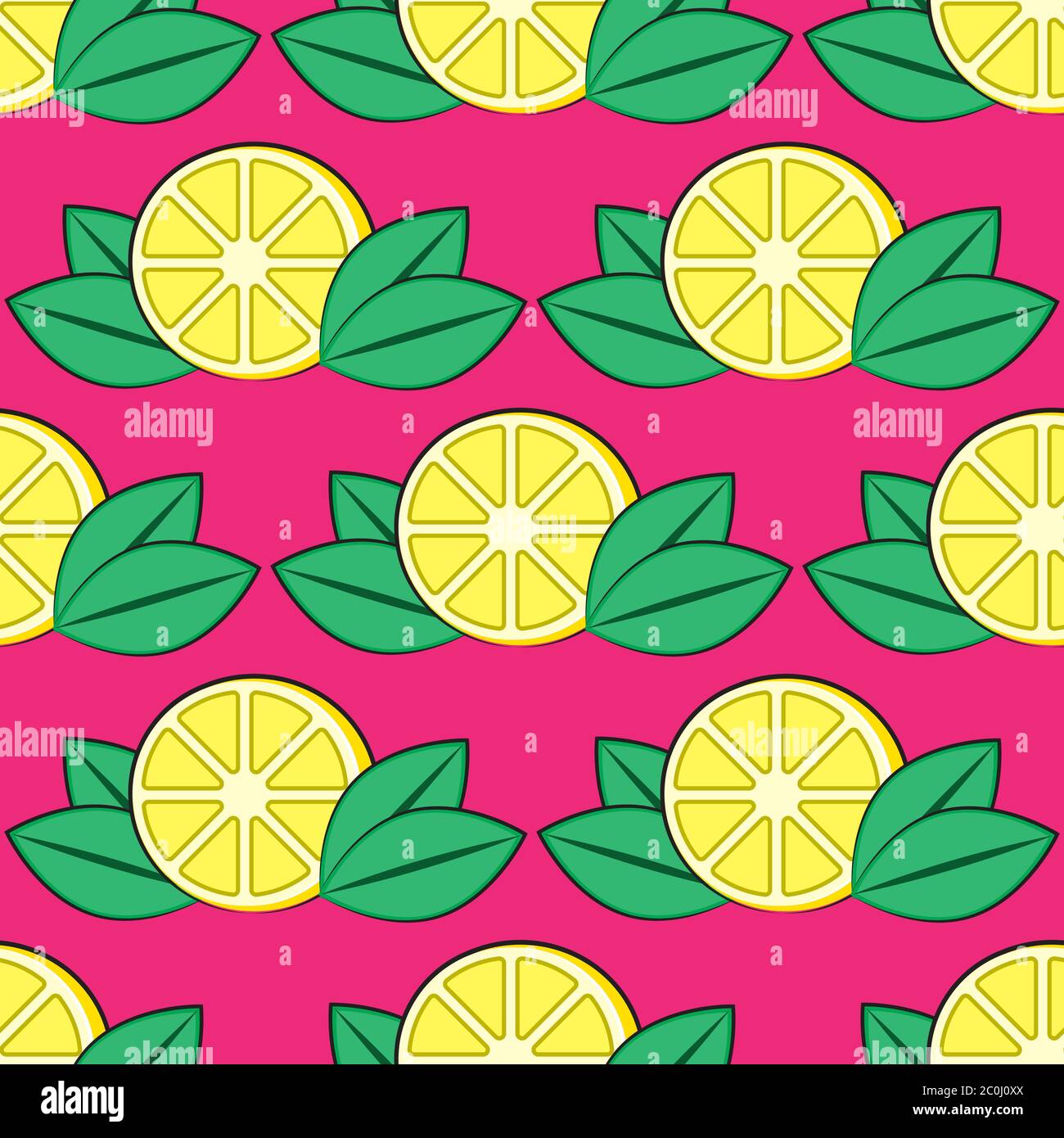 seamless lemon pattern with leaves on a pink background. Vector image ...