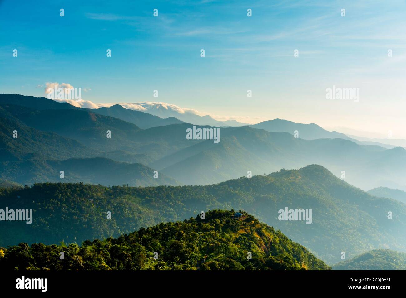 Foggy Mountain Valley Amazing Nature landscape Scenery of Kerala shot from Palakkayam Thattu Kannur, Travel and tourism concept image Stock Photo