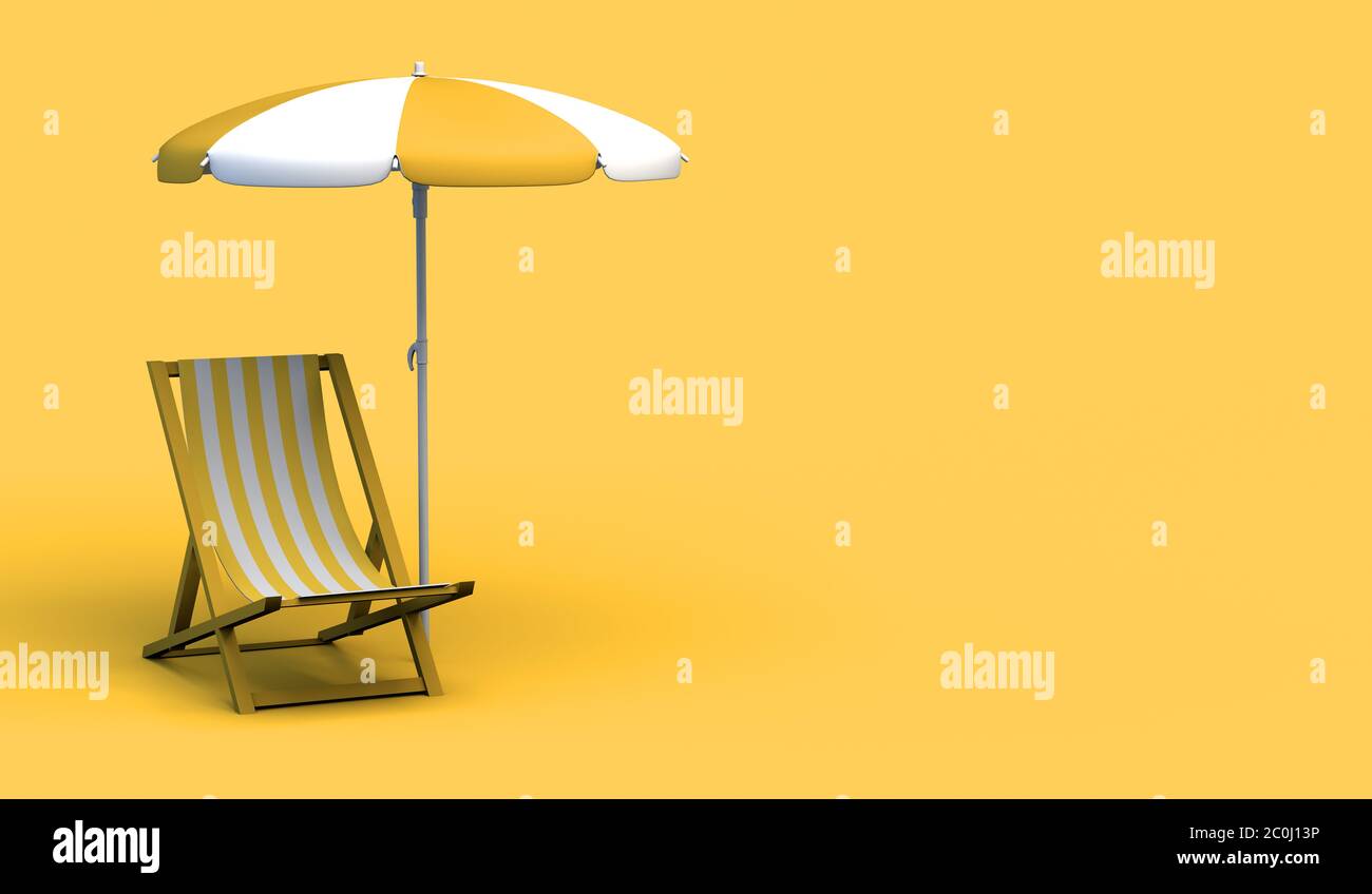 Folding beach chair with parasol on pastel yellow background. Summer