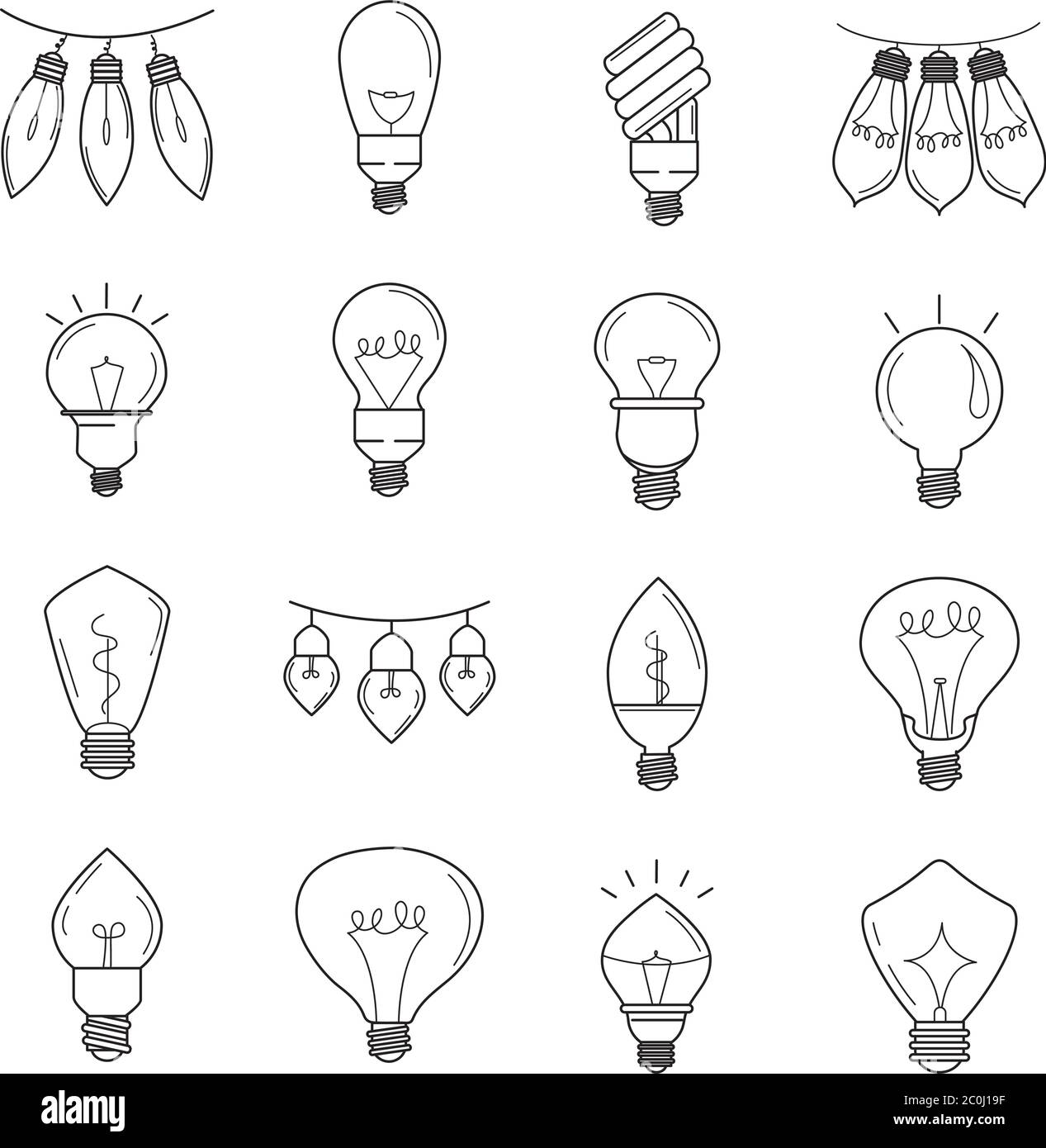 electric light bulb, eco idea metaphor, isolated line style icons set vector illustration Stock Vector