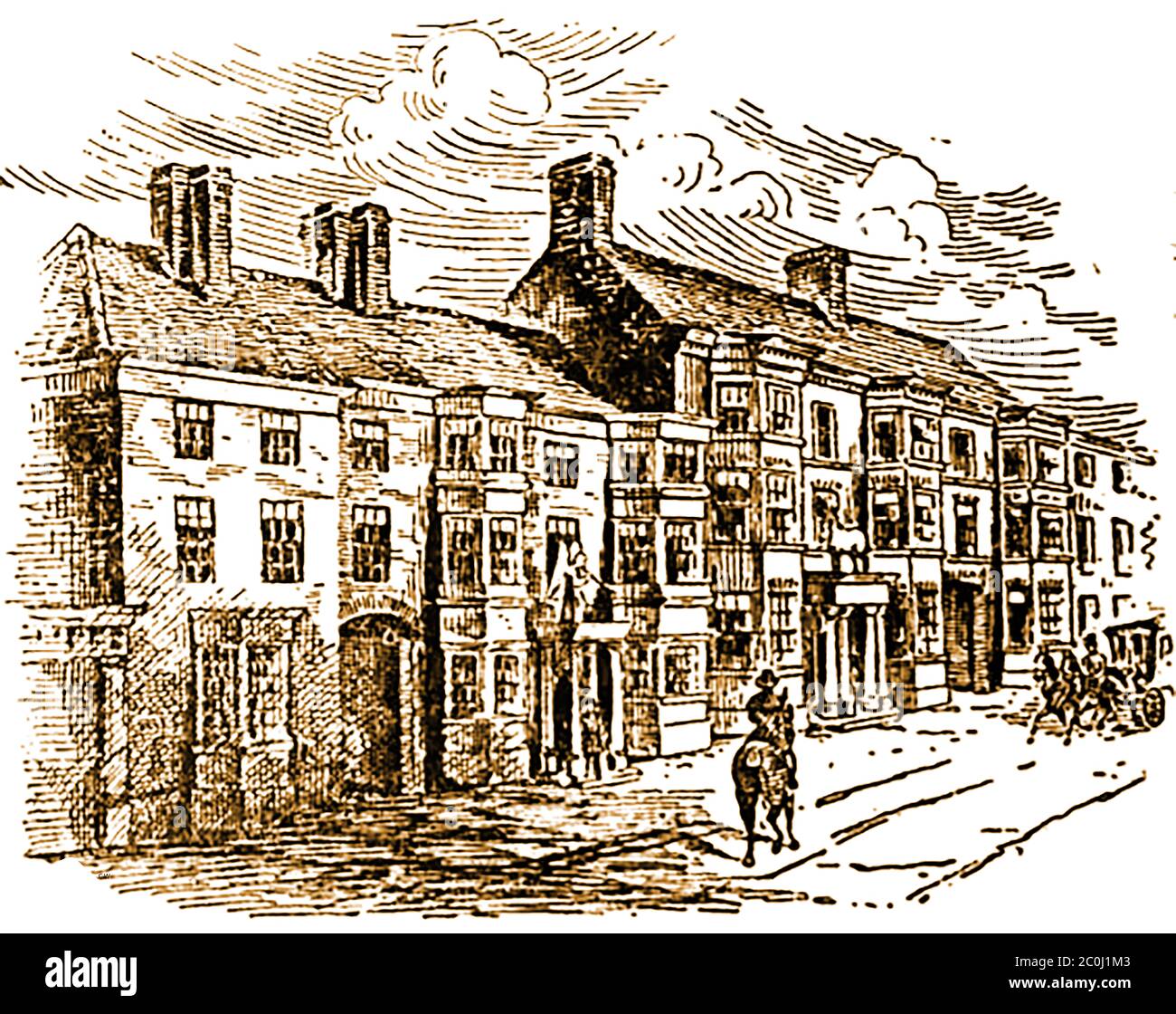 An old sketch of the Angel and White Horse Inns at Tadcaster, Yorkshire during the coaching era.  The Royal Mails were horsed between Tadcaster and Sherburn by Mr. Kidd, of the Angel, but these coaches changed horses at the Rose and Crown, which was situate at the top of the hill over the bridge. The White Horse, later became known as the Londesborough Hotel. It was the principal of the three Tadcaster coaching inns. In 1777. Mr. William Backhouse succeeded Mr. Todd at the White Horse, and from that time it remained in this family until the end of the coaching days. Stock Photo