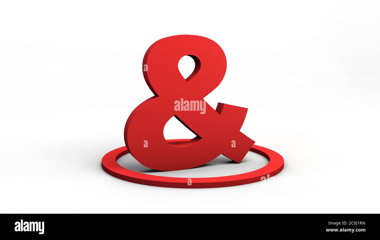 Red ampersand symbol inside circle. 3D illustration. White neutral ...