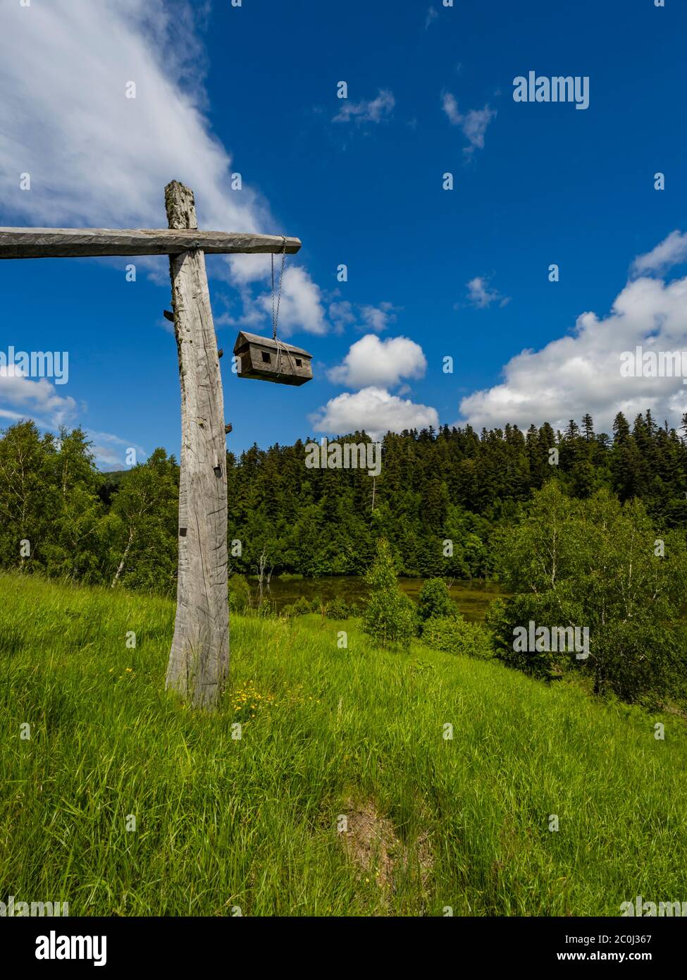 Interesting artistic work hanging small model house atop hill near lake Mrzla vodica Croatia Europe Stock Photo