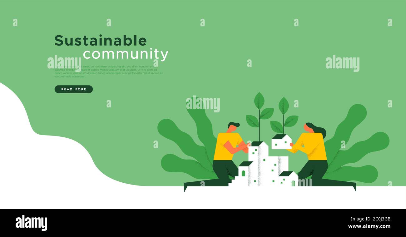 Sustainable community landing web page template with social concept of man and woman building green city together. Environment help or organic teamwor Stock Vector