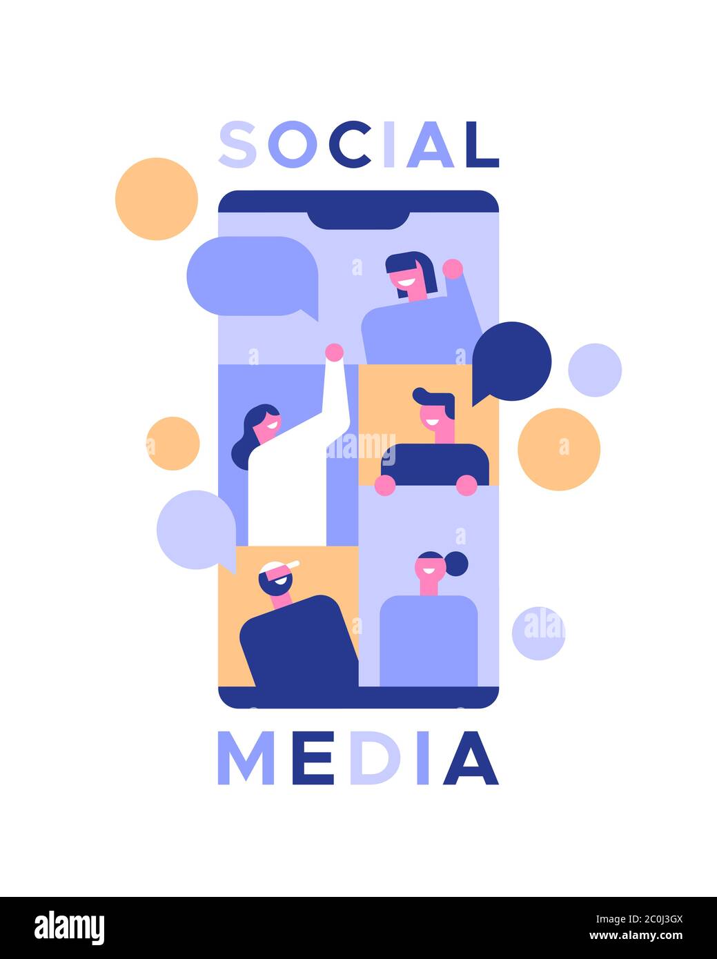 Social media illustration of people group together in smart phone app or friendship communication concept. Modern flat cartoon design on isolated back Stock Vector