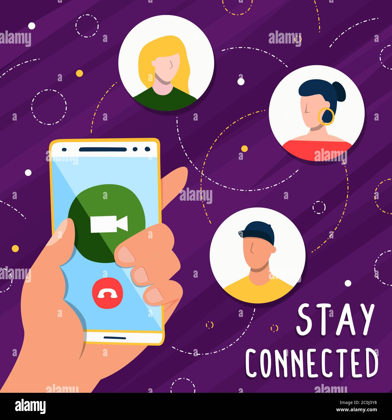Stay connected illustration of people hand holding smart phone for social media connection or friend network communication. Stock Vector