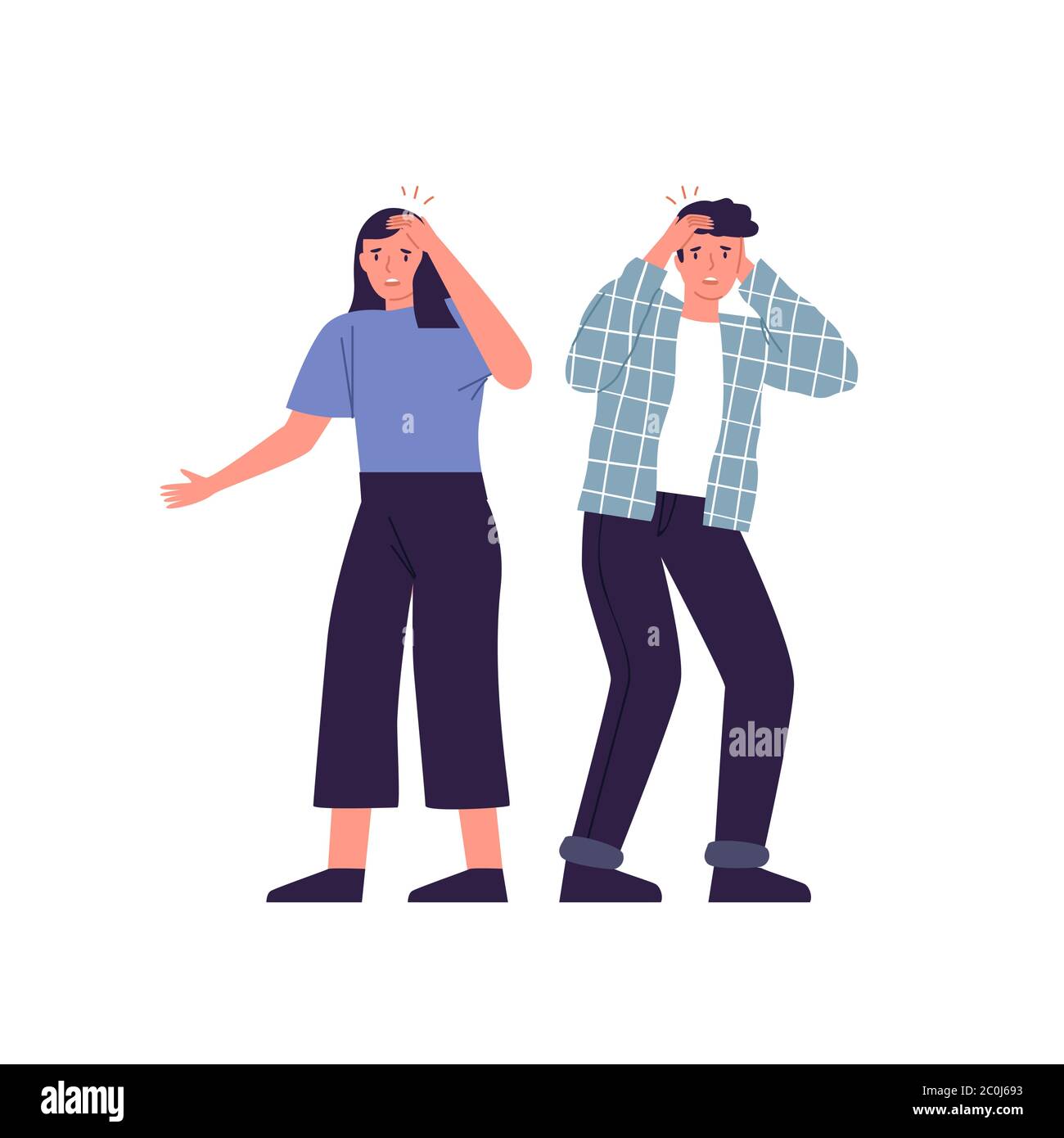Man and woman having a headache on isolated white background. Sick people touching head for migraine, stress or sad emotion. Stock Vector