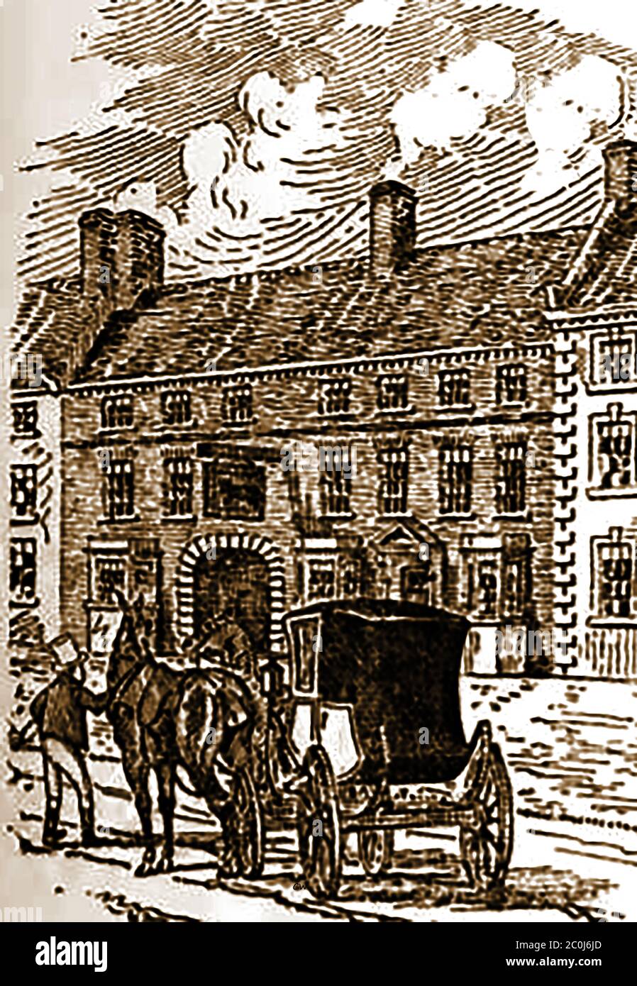 An old sketch of the Black Bull Inn, Northallerton, Yorkshire during the coaching era. The old Black Bull, was later reduced in size and part of it became  a drapery establish It was kept by Mr. Robert Smith, who used to horse the Mails, and had probably been in the hands of the Smith family for generations.Mr. Smith was keeping the house when the first Mail coach ran into Northallerton Stock Photo