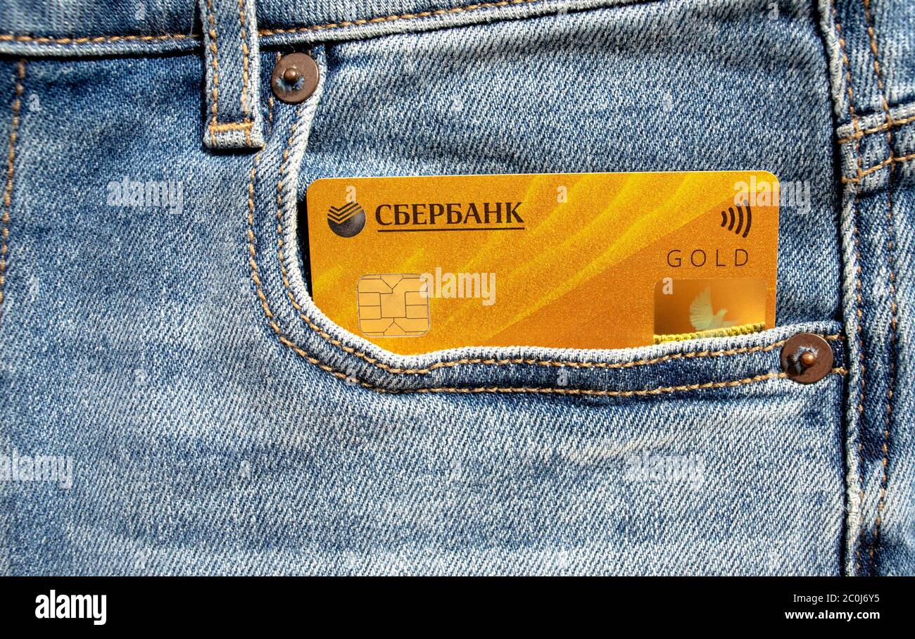 Dubai / UAE - June 7, 2020: Sberbank plastic Visa Gold debit card in a jeans  front pocket. Sberbank of Russia Stock Photo - Alamy