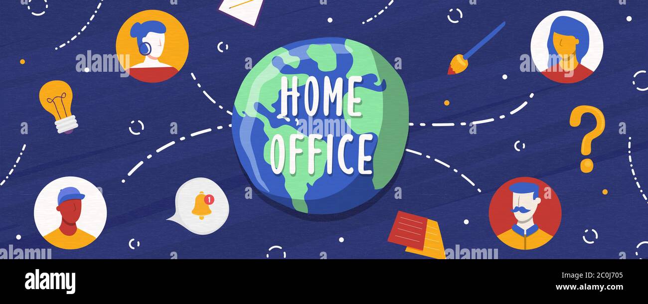 Home office banner illustration of global work team connected online for business meeting, creative brainstorm or job communication. Stock Vector