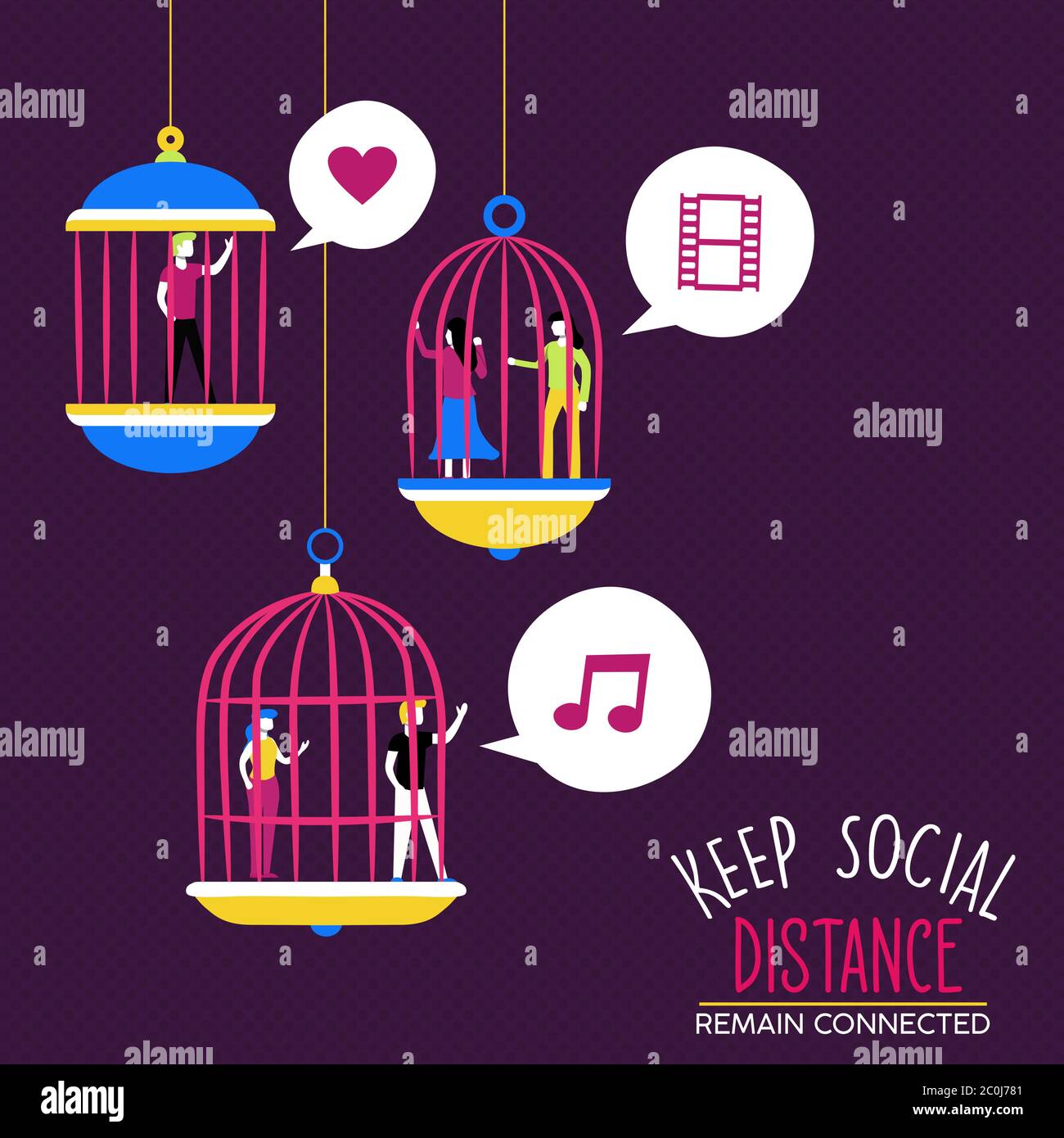 Keep social distance illustration, safety measure concept of trapped people inside bird cage for quarantine isolation, stay connected on internet netw Stock Vector