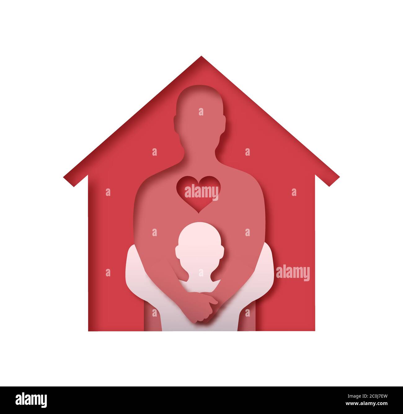 Man hugging child in realistic 3d paper cut illustration style. Parent hug with kid inside house for parenthood or supportive family concept. Stock Vector