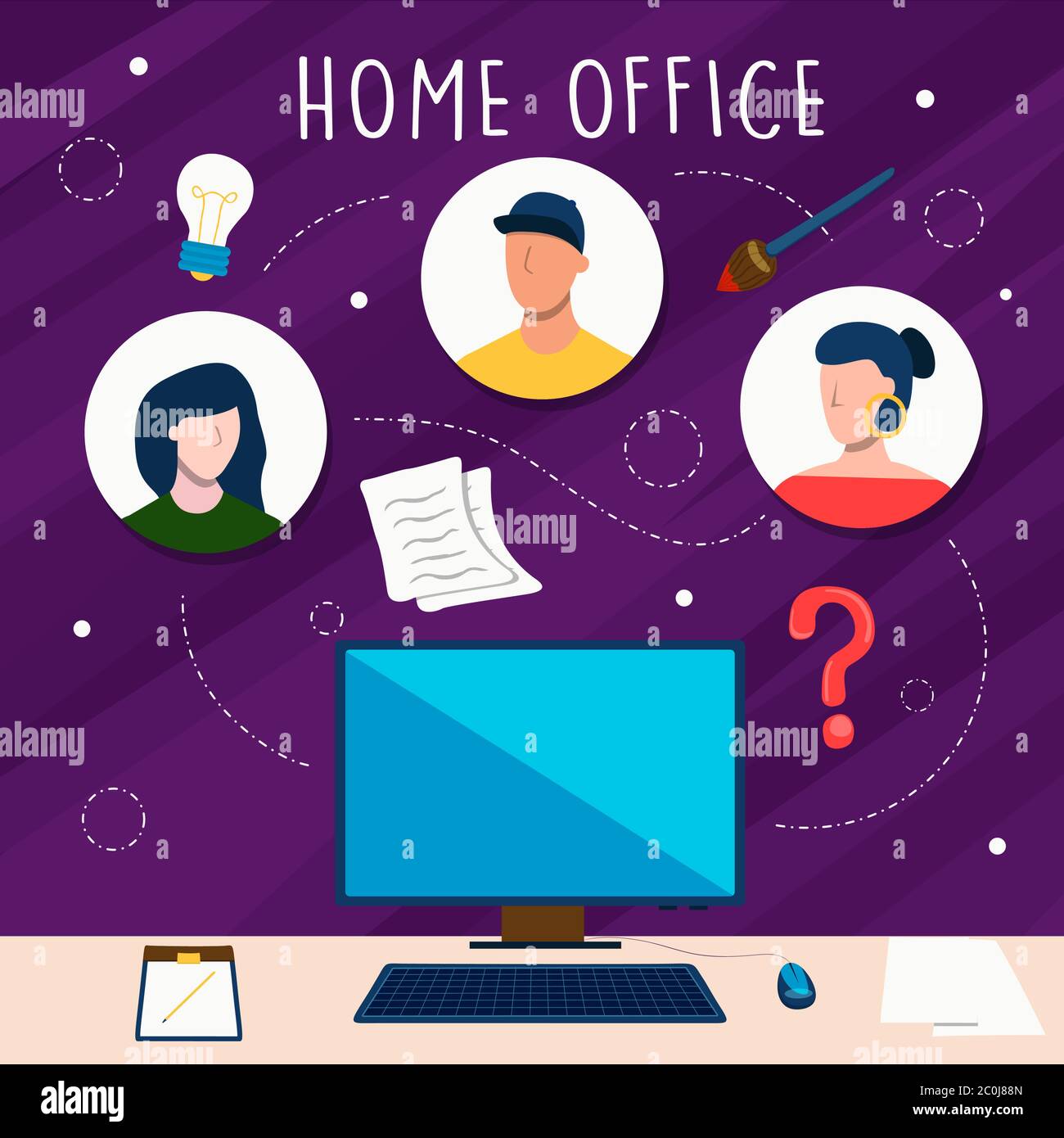 Home office flat cartoon illustration for online business job or work team meeting in quarantine times. Computer desk house workplace with connected p Stock Vector