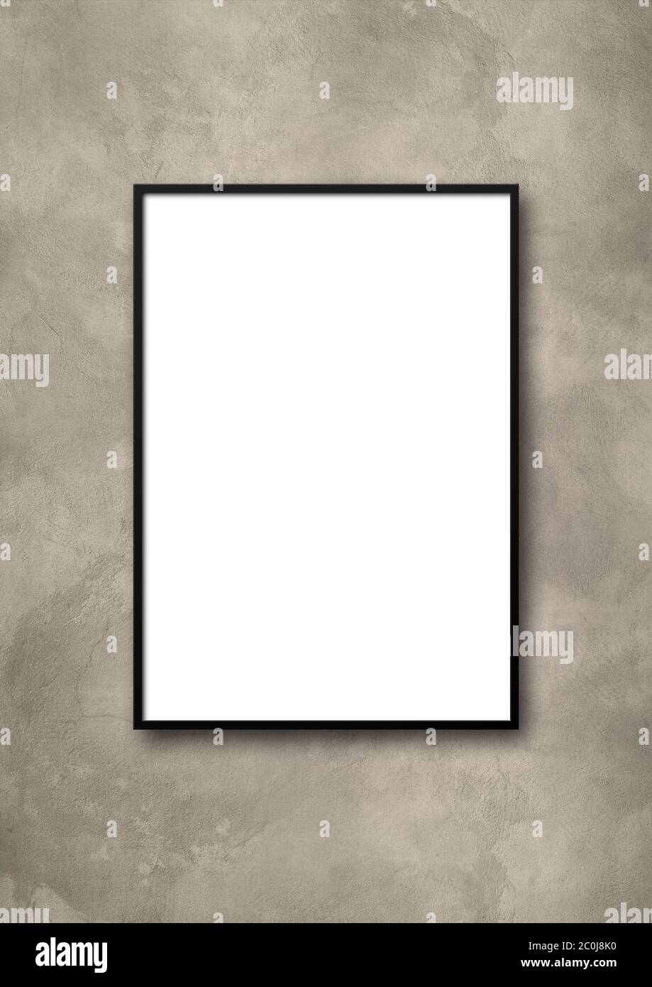 Black picture frame hanging on a light concrete wall. Blank mockup ...
