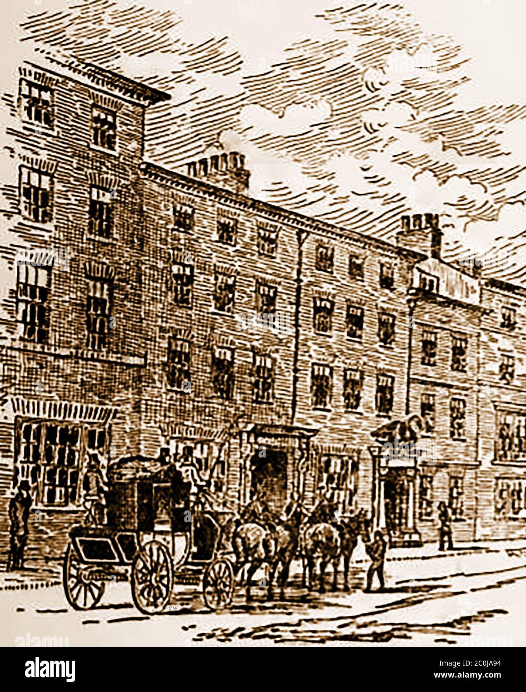 An old sketch of the Black Swan, Coney Street, York, Yorkshire during the coaching era. It shared stabling with the York Tavern .It was one of the first coaching inns . In 1701  Mr. Harding was the landlord.When the Mails first started in 1786 it was kept by Mr. F. Wrigglesworth, who horsed some of the old  diligence's  (coaches)   in conjunction with some other proprietors.   Mr. Wrigglesworth left the house for the George on the opposite side of Coney Street and  was succeeded at the Black Swan by Mr. Batty. Stock Photo